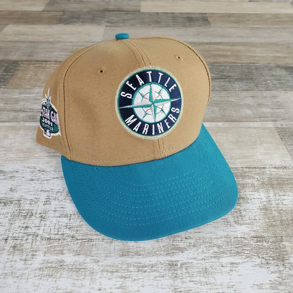 New Era Fitted Hat Cap‎ 7 1/8 Seattle Mariners Side Patch Wheat Metallic